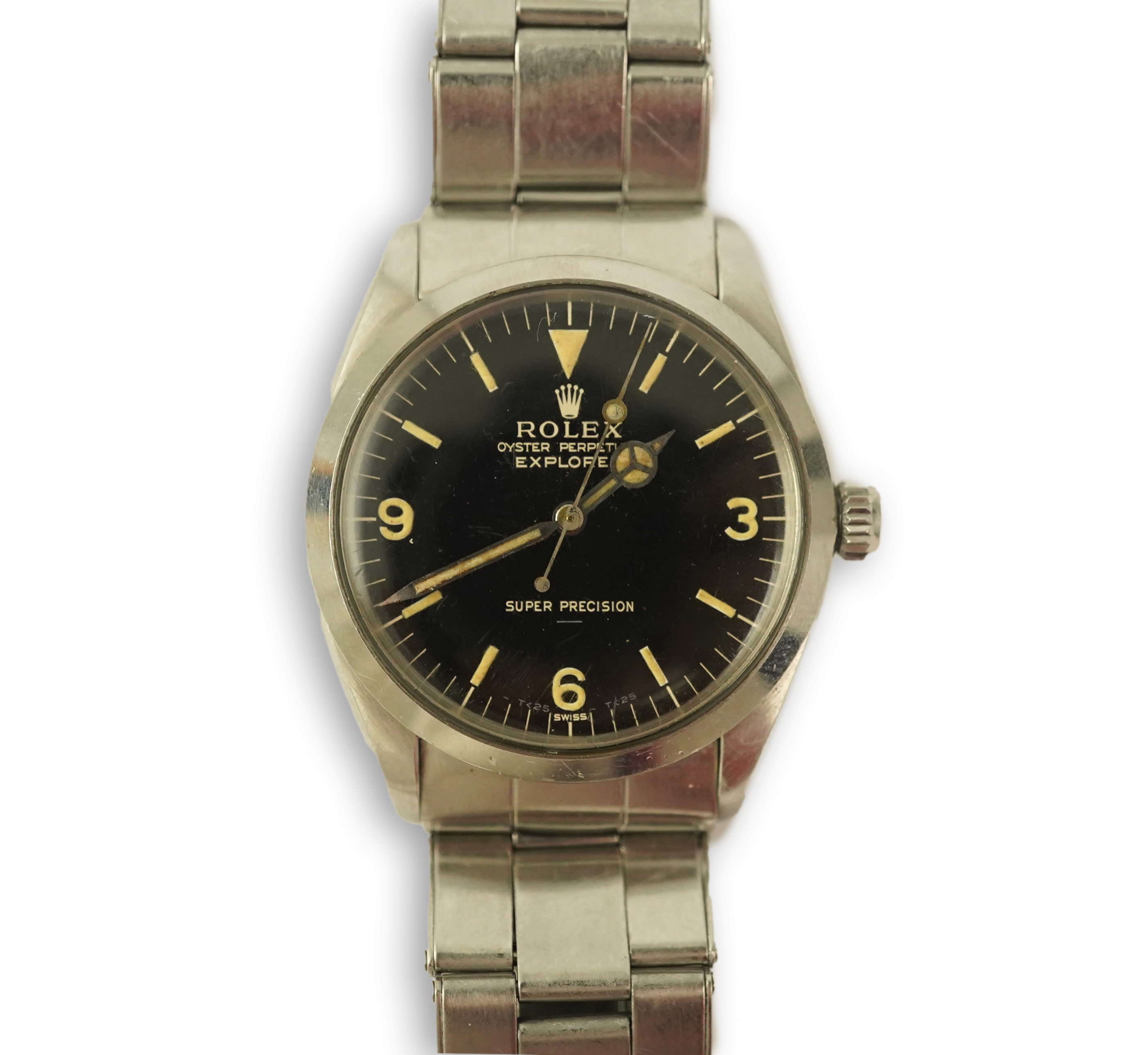 A gentleman's 1964 stainless steel Rolex Oyster Perpetual Explorer Super Precision wrist watch, on a stainless steel Rolex bracelet numbered 6635